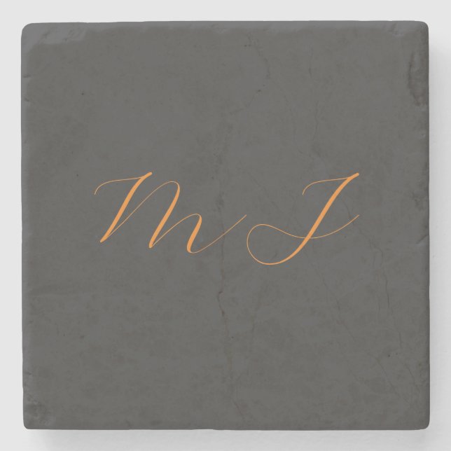 Chic calligraphy grey orange monogram name initial stone coaster (Front)