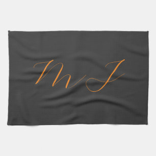 Chic calligraphy grey orange monogram name initial tea towel
