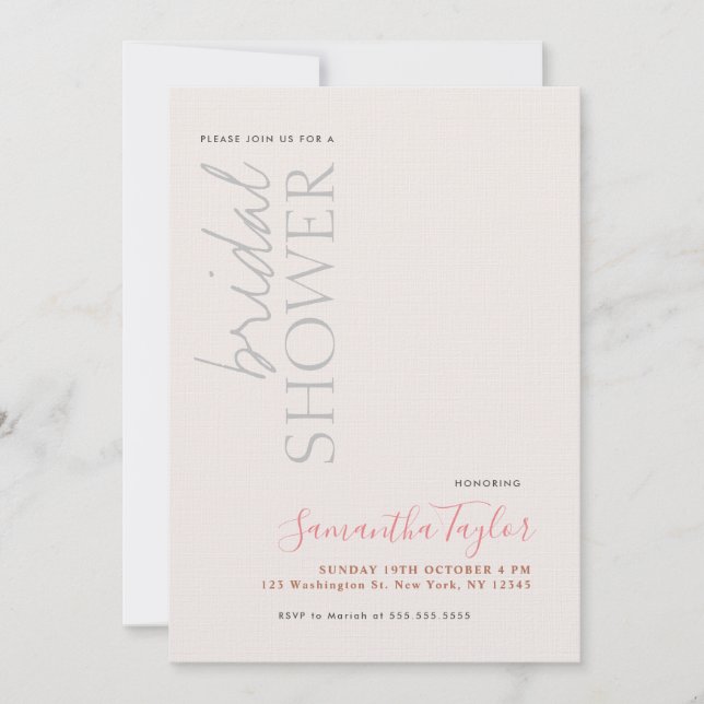 Chic Calligraphy Minimalist Bridal Shower Linen Invitation (Front)