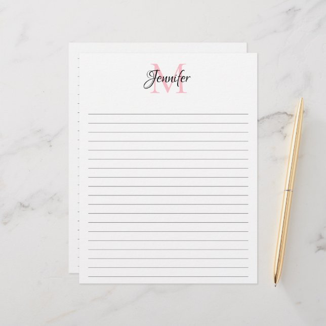 Chic Calligraphy Minimalist Lined Monogram Custom Letterhead (Front/Back In Situ)