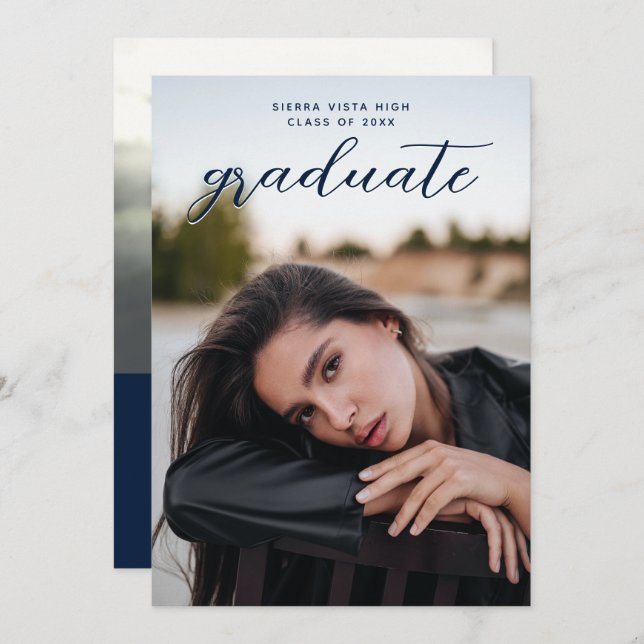 Chic Calligraphy Navy Blue Two Photo Graduation Invitation (Front/Back)