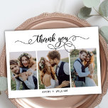 Chic Calligraphy Script 3 Photo Collage Wedding Thank You Card<br><div class="desc">Elegant Modern Calligraphy Chic Script Photo Wedding Thank You Card. Stylish wedding thank you template featuring 3 photo on the front with the text "Thank You" in a swirly whimsical hand lettering typography script swash tail font. 2-sided card at the back one (1) photo. Easily to personalise your name and...</div>