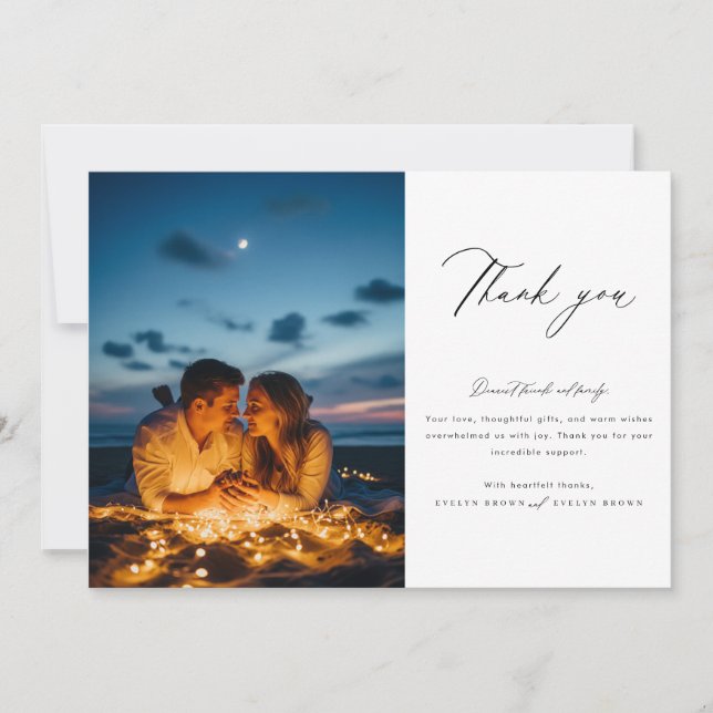 Chic Calligraphy Script Photo Wedding Thank You Card (Front)