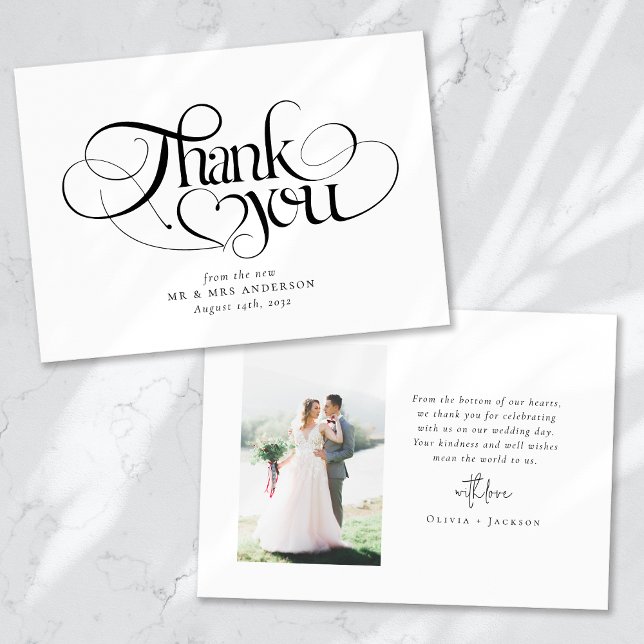 Chic Calligraphy Script Photo Wedding Thank You Card (Creator Uploaded)