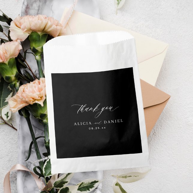 Chic calligraphy script thank you black wedding favour bags (Creator Uploaded)