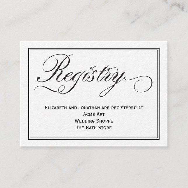 Chic Calligraphy Script Wedding Registry Card (Front)