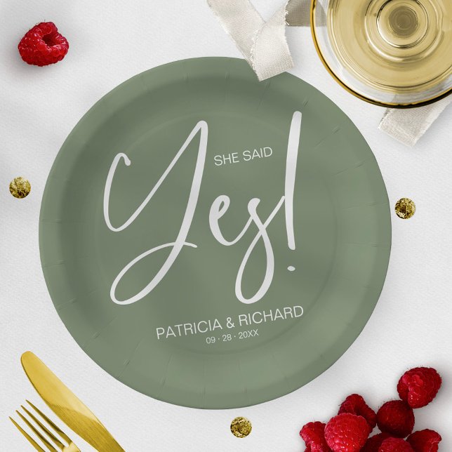 Chic Calligraphy She Said Yes Engagement Party Paper Plate (Creator Uploaded)