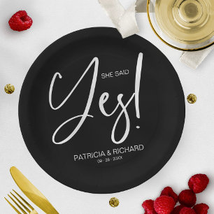 Chic Calligraphy She Said Yes Engagement Party Paper Plate