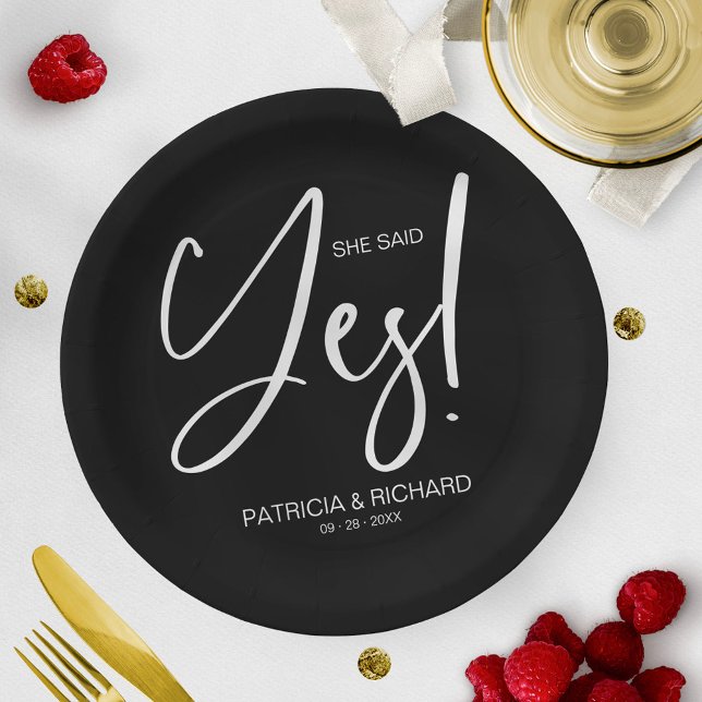 Chic Calligraphy She Said Yes Engagement Party Paper Plate (Creator Uploaded)