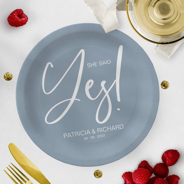 Chic Calligraphy She Said Yes Engagement Party Paper Plate (Creator Uploaded)