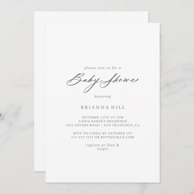 Chic Calligraphy Silver Baby Shower  Invitation (Front/Back)