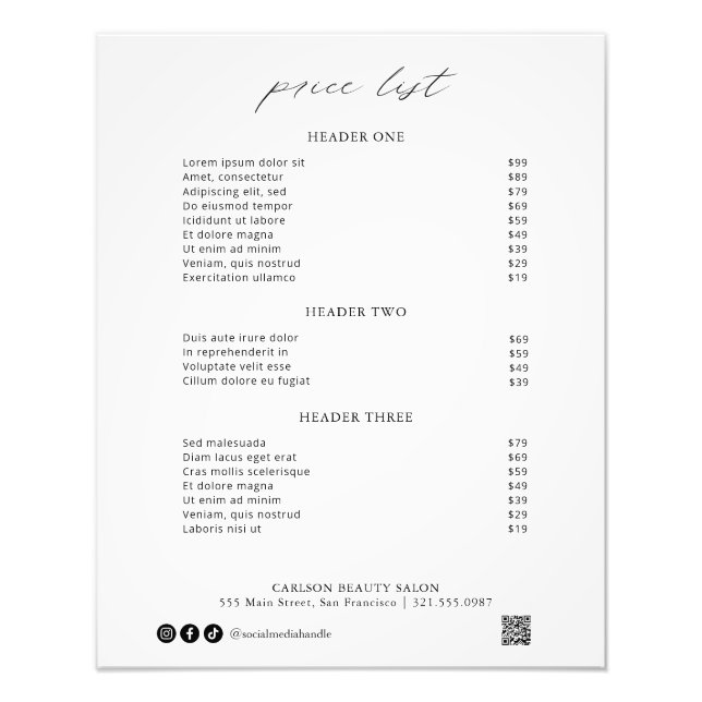 Chic Calligraphy Simple Elegant Price List Photo Print (Front)