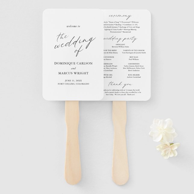 Chic Calligraphy Simple Elegant Wedding Program Hand Fan (Front and Back)