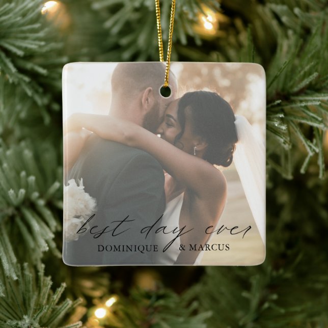 Chic Calligraphy Simple Photo Elegant Newlywed Ceramic Ornament (Tree)
