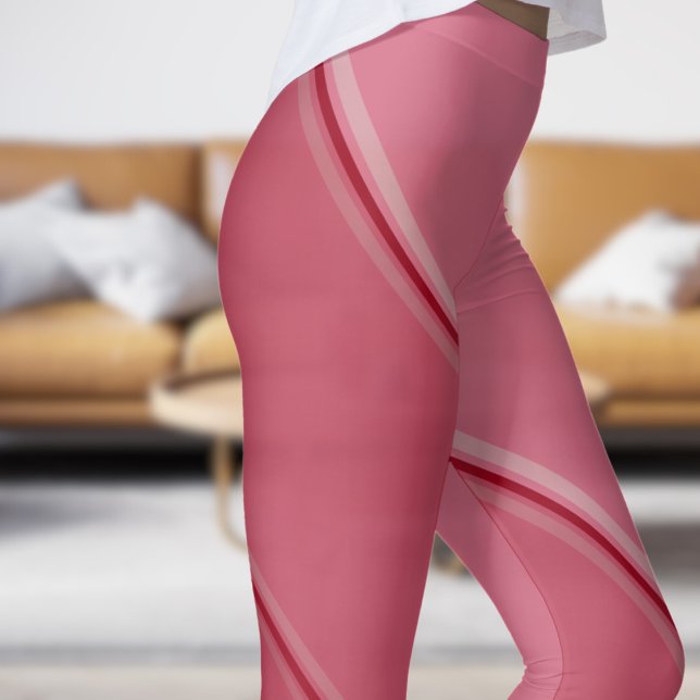 Chic Cardinal Red under Pink Banded Print Leggings (Chic Cardinal Red under Pink Banded Print Leggings)