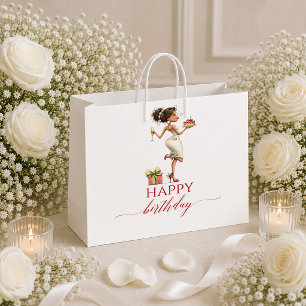 Chic Cartoon Woman Marsala Script Birthday gift ba Large Gift Bag