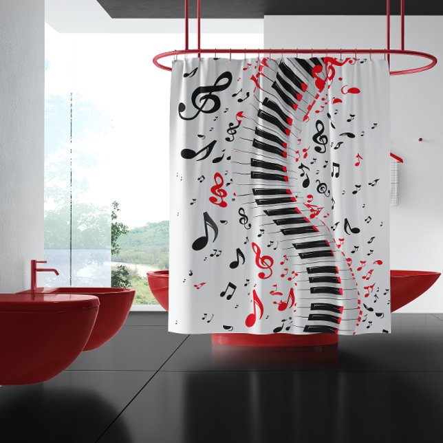 Chic Cascading Melodies Red White and Black  Shower Curtain (Stunning Cascading Melodies Shower Curtain )