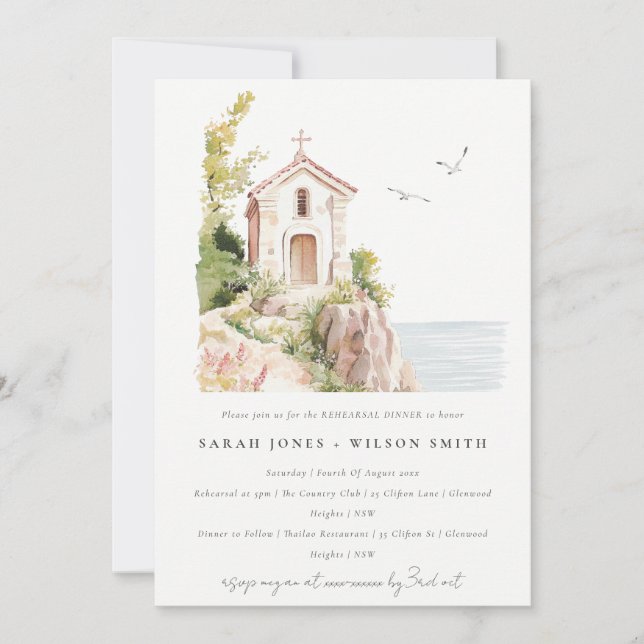 Chic Catholic Coastal Church Rehearsal Dinner Invitation (Front)
