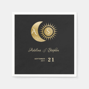 Chic Celestial Black Gold Sun Moon Monogram Crest Napkin