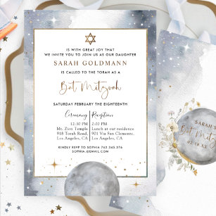 Chic Celestial Silver, White and Gold Bat Mitzvah Invitation