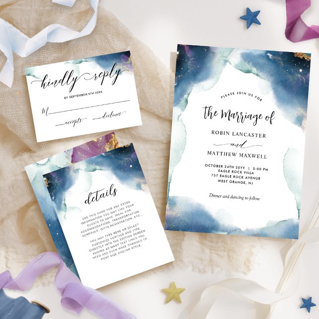 Chic Celestial Watercolor Starry Wedding Marriage Invitation (Creator Uploaded)