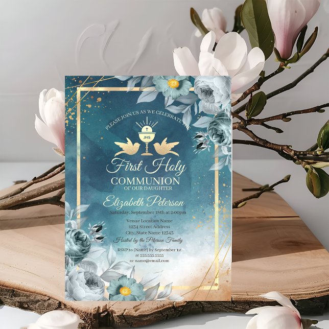 Chic Chalice Green Roses First Holy Communion  Invitation (Creator Uploaded)