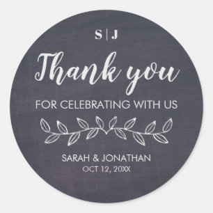 Chic Chalkboard Monogram Thank You Wedding Favour Classic Round Sticker