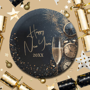 Chic Champagne and Clocks Happy New Year Paper Plate
