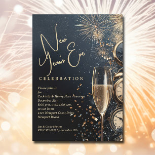 Chic Champagne and Clocks New Year's Eve Invitation