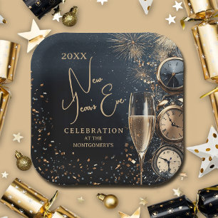 Chic Champagne and Clocks New Year's Eve Paper Plate