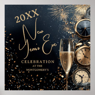 Chic Champagne and Clocks New Year's Eve Party Poster