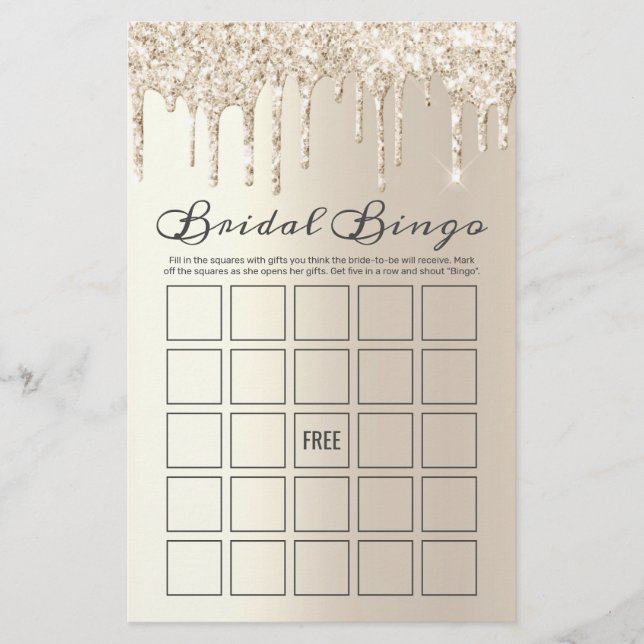 Chic Champagne Dripping Glitter Bridal Bingo Game (Front)