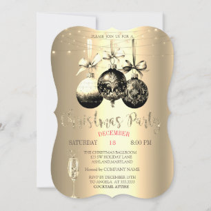 Chic Champagne Glass,Lights Gold Christmas Company Invitation