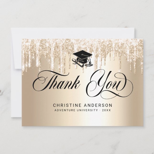 Chic Champagne Glitter Black Script Graduation Thank You Card (Front)