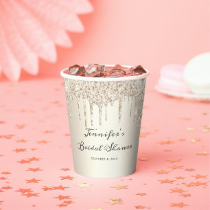 Chic Champagne Glitter Drips Script Bridal Shower Paper Cups