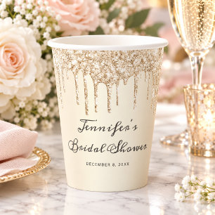 Chic Champagne Glitter Drips Script Bridal Shower Paper Cups