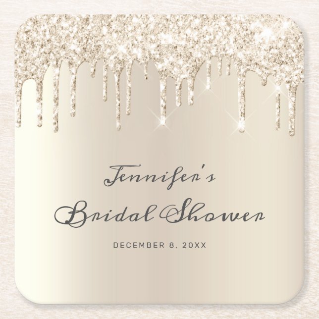 Chic Champagne Glitter Drips Script Bridal Shower Square Paper Coaster (Front)