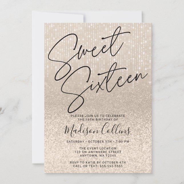 Chic Champagne Glitter Sweet 16 Invitation (Front)