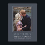 Chic Charcoal Blue Save the Date Engagement Photo Announcement Postcard<br><div class="desc">Modern, chic save the date photo postcard with elegant script and modern typography. The save the date card has a dark blue background with a subtle thin white frame around the photo. You can easily customise this save the date card with your upcoming wedding details, your engagement photo and a...</div>