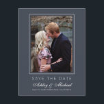 Chic Charcoal Blue Save the Date Engagement Photo Announcement Postcard<br><div class="desc">Modern, chic save the date photo postcard with elegant script and modern typography. The save the date card has a dark blue background with a subtle thin white frame around the photo. You can easily customise this save the date card with your upcoming wedding details, your engagement photo and a...</div>