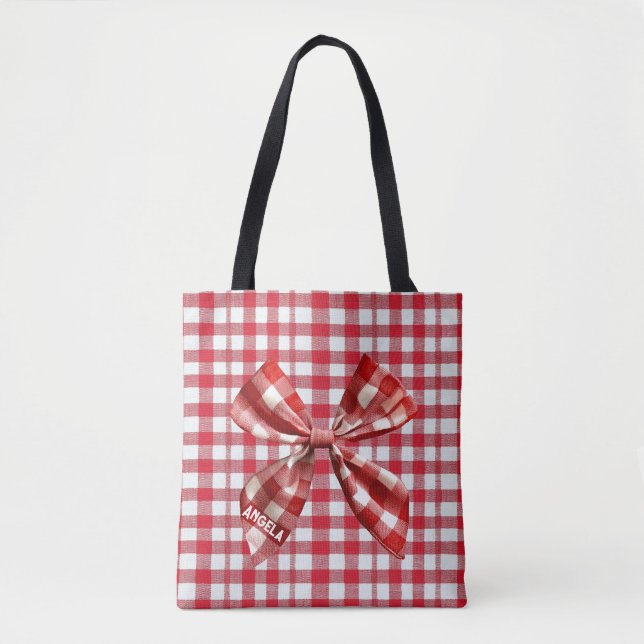  Chic Check Bow Red and White Gingham Tote Bag (Front)