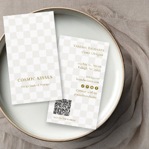 Chic Checker Tan Gold QR Code Boutique Vertical Business Card