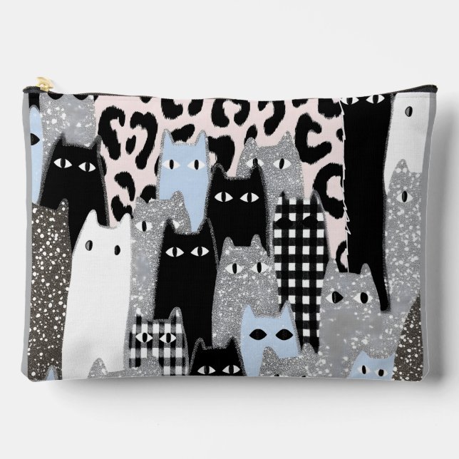 Chic Checkered & Gingham Cat Pattern Patchwork Des Accessory Pouch (Front)