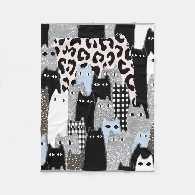 Chic Chequered & Gingham Cat Pattern Patchwork Des Fleece Blanket (Front)