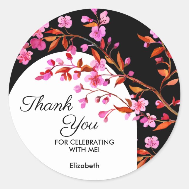 Chic Cherry Blossom Sakura Black White Birthday  Classic Round Sticker (Front)