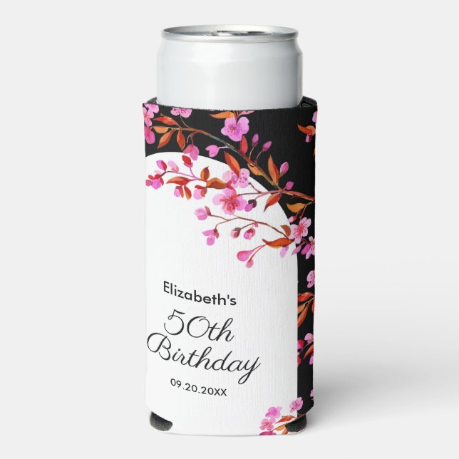 Chic Cherry Blossom Sakura Black White Birthday  Seltzer Can Cooler (Seltzer Front)