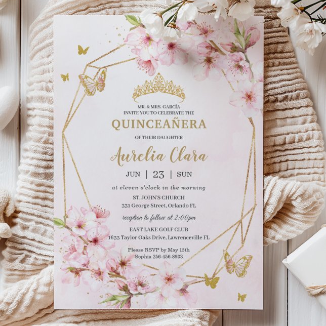 Chic Cherry Blossoms Floral Quinceañera Sweet 16 Invitation (Creator Uploaded)