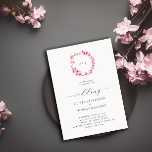 Chic Cherry Blossoms Wreath Crest Monogram Wedding Invitation