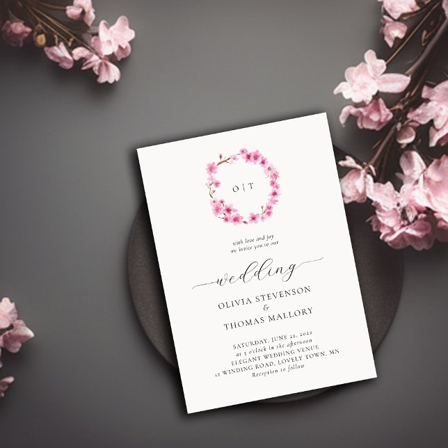 Chic Cherry Blossoms Wreath Crest Monogram Wedding Invitation (Creator Uploaded)