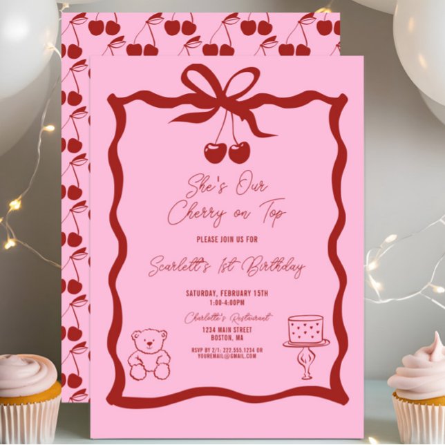 Chic Cherry on Top Bow Pink and Red 1st Birthday Invitation (She's Our Cherry on Top 1st Birthday Invitation, Red and Pink, Chic Trendy Modern, Bow, Sweet One)